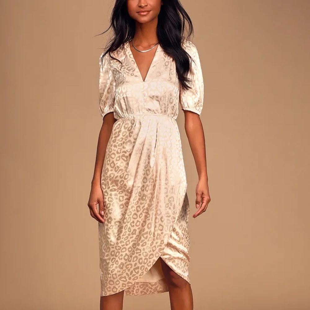 Lulus Boldly You Cream Leopard Print Satin Puff Sleeve Midi Dress sz M
